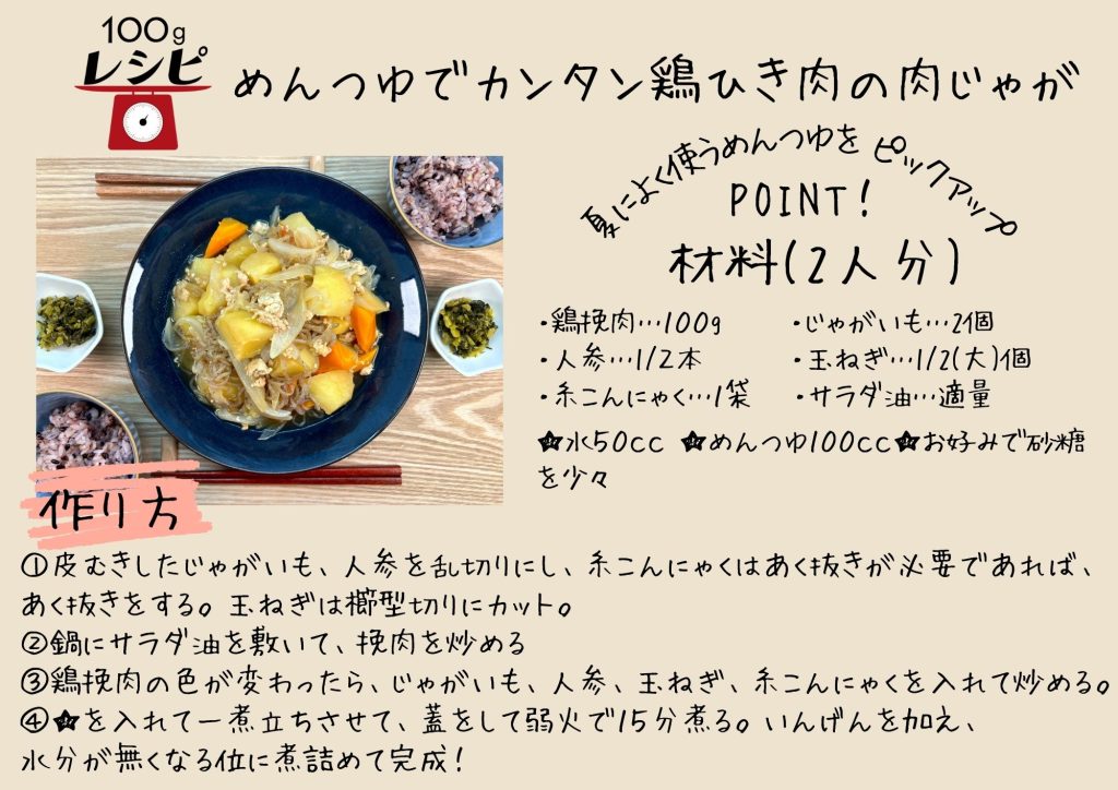 ・鶏ひき肉…１００ｇ　・じゃがいも…2個　・人参…1/２本　・玉ねぎ…1/2(大)個　・糸こんにゃく…１袋 ・いんげん…　　　　　・サラダ油…適量 ★水５０ｃｃ・めんつゆ１００ｃｃ　・お好みで砂糖を少々 ①皮むきしたじゃがいも、人参を乱切りにし、糸こんにゃくはあく抜きが必要であればあく抜きをする。 玉ねぎは櫛型切りにカット。 ②鍋にサラダ油を敷いて、挽肉を炒める ③鶏ひき肉の色が変わったら、じゃがいも、人参、玉ねぎ、糸こんにゃくを入れて炒める。 ④★を入れて一煮立ちさせて、蓋をして弱火で１５分煮る。いんげんを加え、水分が無くなる位に煮詰めて完成！