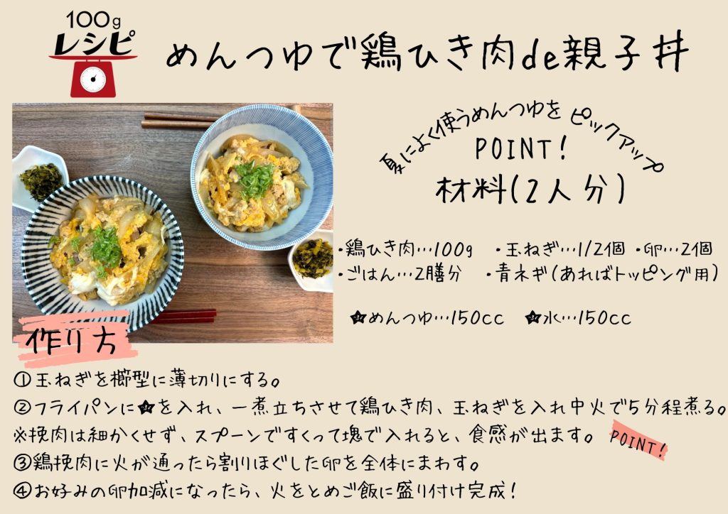 ・鶏ひき肉…１００ｇ　・玉ねぎ…1/２個　　・卵…２個 ・ごはん…２膳分　・青ネギ（あればトッピング用） ★・めんつゆ…１５０ｃｃ　・水…１５０ｃｃ ①玉ねぎを櫛型に薄切りにする。 ②フライパンに★を入れ、一煮立ちさせて鶏ひき肉、玉ねぎを入れ中火で５分程煮る。※挽肉は細かくせず、スプーンですくって塊で入れると、食感が出ます。 ③鶏挽肉に火が通ったら割りほぐした卵を全体にまわす。 ④お好みの卵加減になったら、火をとめご飯に盛り付け完成！