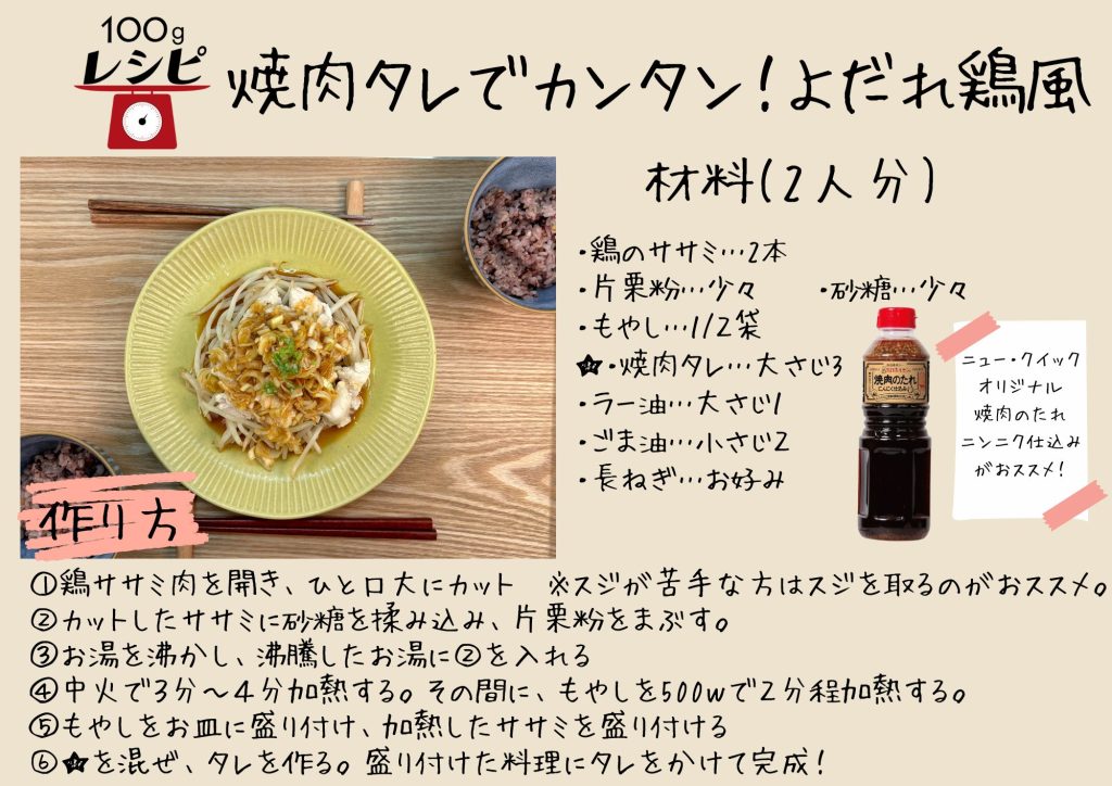 ・鶏のササミ…2本　・砂糖…少々　・片栗粉…少々 ・もやし…１/２袋 ★・焼肉タレ…大さじ3　・ラー油…大さじ１　・ごま油…小さじ２　・長ねぎ…お好み ①鶏ササミ肉を開き、ひと口大にカット　※スジが苦手な方はスジを取るのがおススメ。 ②カットしたササミに砂糖を揉み込み、片栗粉をまぶす。 ③お湯を沸かし、沸騰したお湯に②を入れる ④中火で３分～４分加熱する。その間に、もやしを500ｗで２分程加熱する。 ⑤もやしをお皿に盛り付け、加熱したササミを盛り付ける ⑥★を混ぜ、タレを作る。盛り付けた料理にタレをかけて完成！